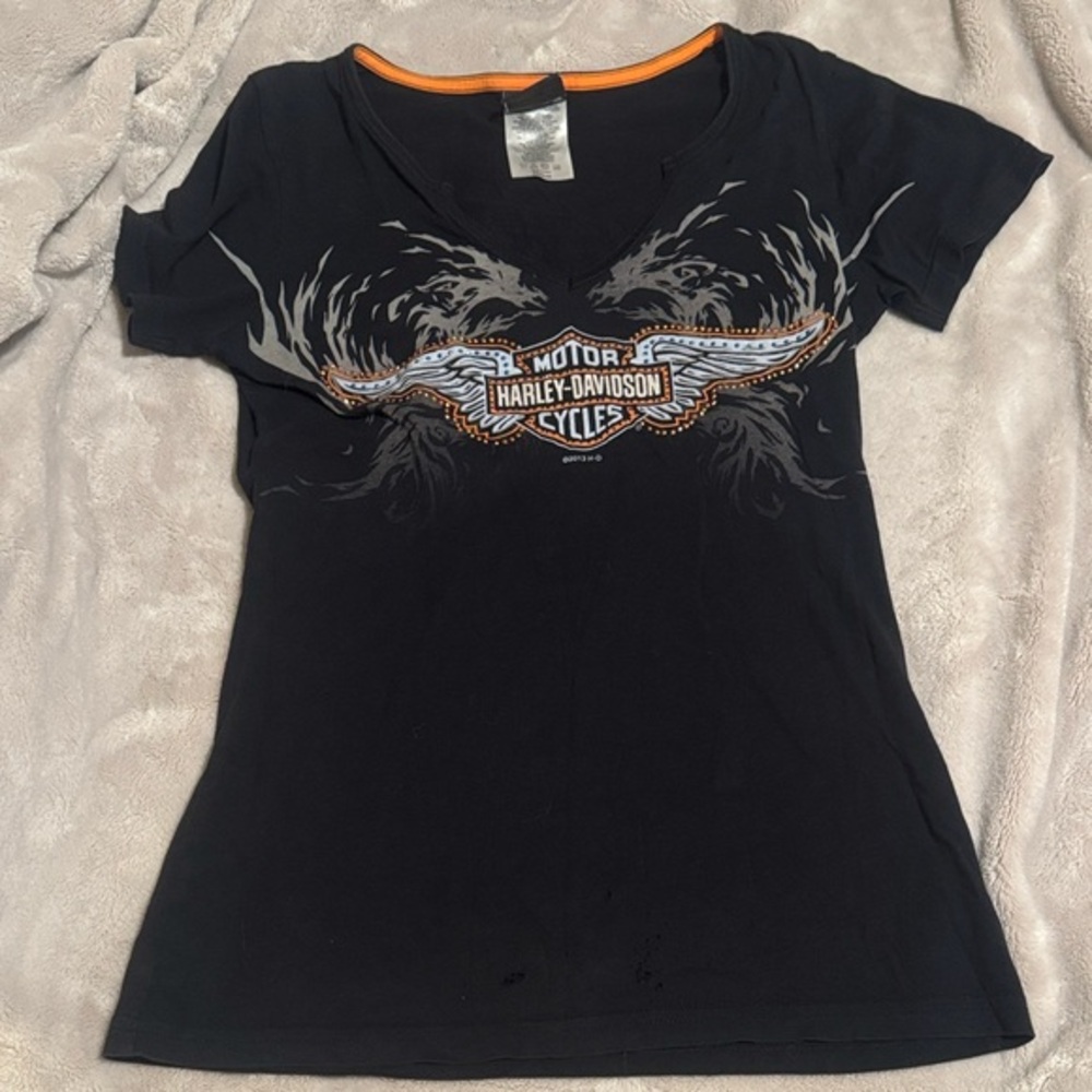 Harley-Davidson || Myrtle Beach, SC Black and Orange Rhinestone Tee (M)